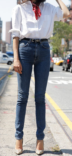 High waisted with tucked in shirt, skinny belt, and pointy heel this look is very fashion forward with out trying too hard